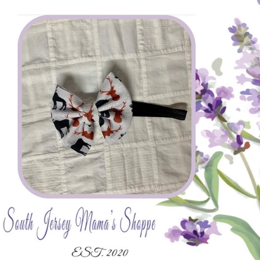 Infant Headband Black Band Gray With Black & Brown Deer Bow Size 0-3 Months B293